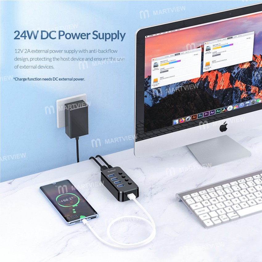 Orico SWU3-4A 4-Port High-speed USB 3.0 Split Control Hub With Power Adapter Support BC1.2 Charging