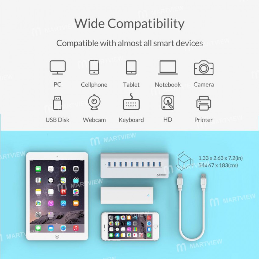 Orico Aluminum Bevel Multi-Port USB 3.0 HUB High-Speed Splitter With 12V Power Adapter