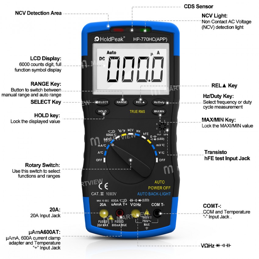HoldPeak HP-770HC / HP-770HC-APP True RMS Autoranging Digital Multimeter with NCV Data Hold