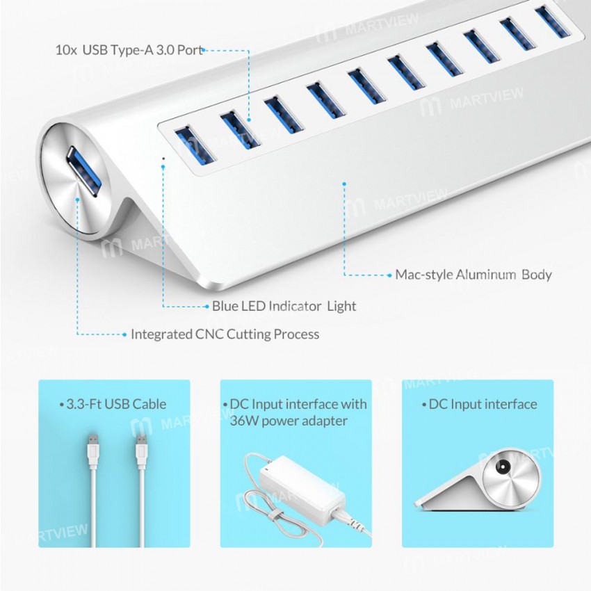 Orico Aluminum Bevel Multi-Port USB 3.0 HUB High-Speed Splitter With 12V Power Adapter