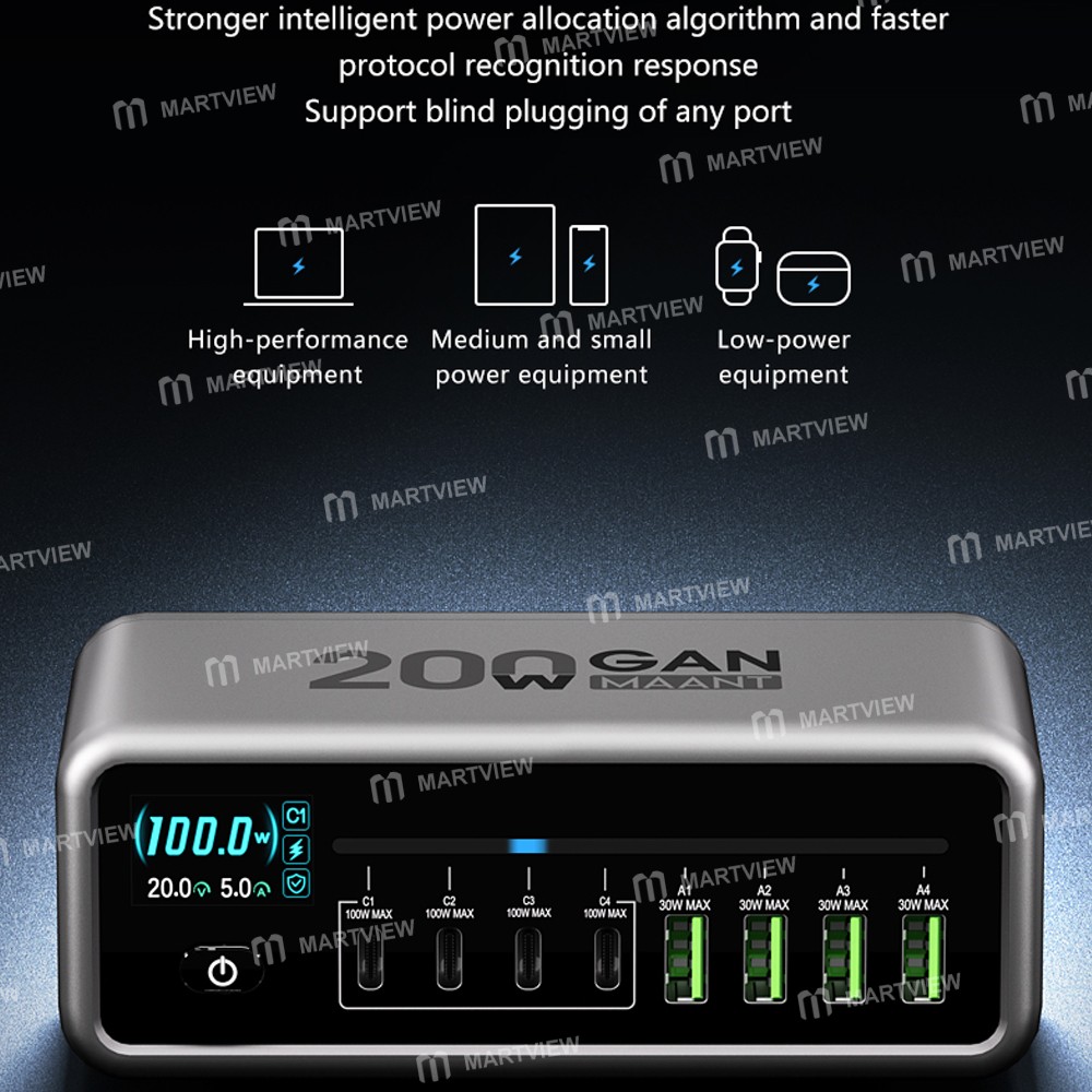 maant mt-p200-200w-gan-nitride-intelligent-digital-display-multi-port-desktop-charging-station-16