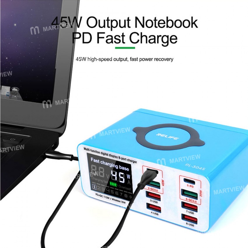 Relife RL-304S 8-port Multi-functional USB Smart Charger Support QC 3.0 Wireless Charging